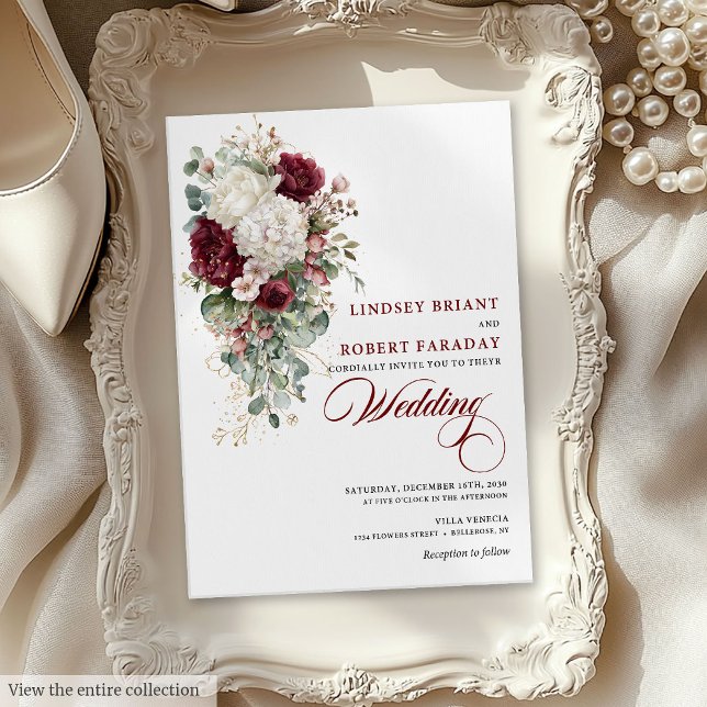 Invitation Mariage romantique Boho Bourgogne Rose blanche Inv (Romantic Boho Burgundy White Rose Wedding Invite)