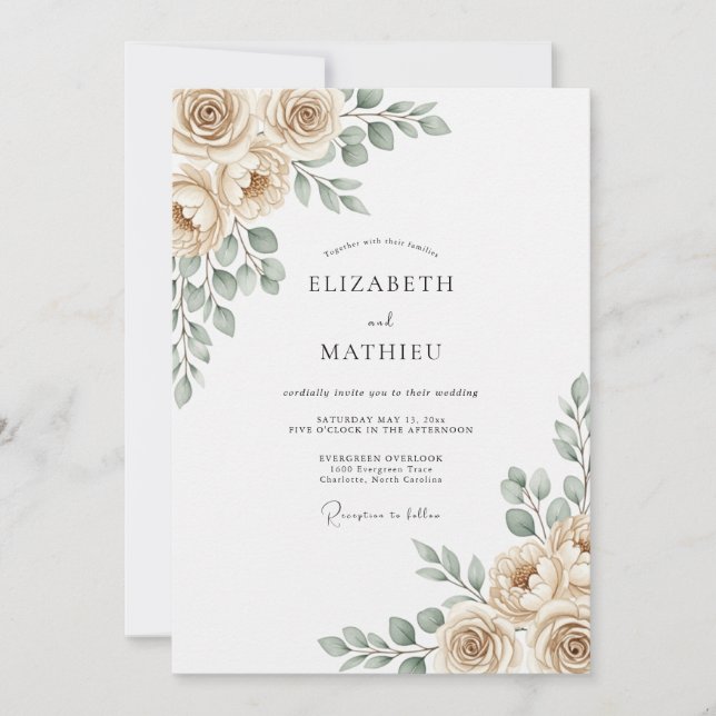 Invitation Mariage Romantique Botanique Bleu Poussiéreux (Devant)