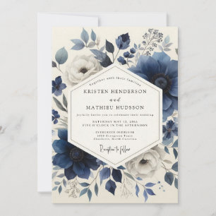 Invitation Mariage romantique botanique bleu profond