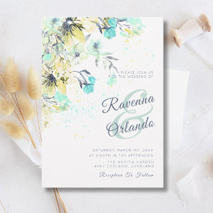 Invitation Mariage romantique botanique fleurie pastel bleu