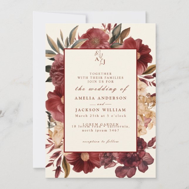 Invitation Mariage romantique Bourgogne rouge et c (Devant)