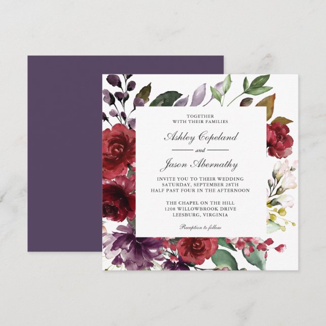Invitation Mariage romantique bourguignon rouge et violet (Devant / Derrière)