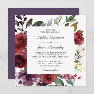Invitation Mariage romantique bourguignon rouge et violet