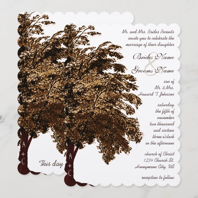 Invitation Mariage romantique Brown en chêne (Devant / Derrière)