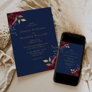 Invitation Mariage romantique burgundy or floral bleu marine