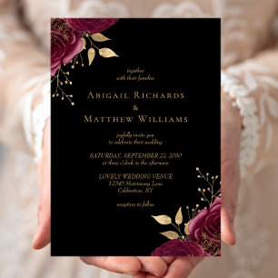 Invitation Mariage romantique burgundy or floral noir