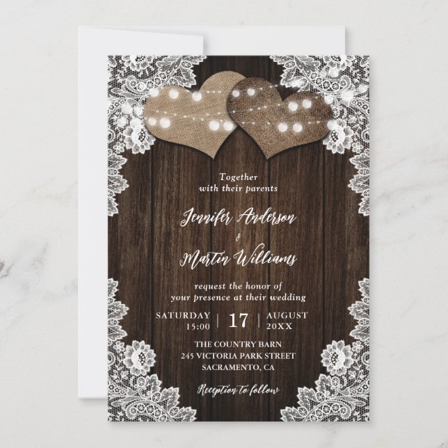 Invitation Mariage romantique Burlap et dentelle (Devant)