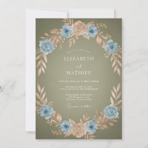 Invitation Mariage Romantique Couronne de Pêche Bleue