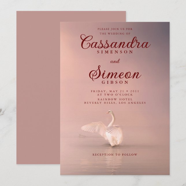 Invitation Mariage romantique de cygne rose (Devant / Derrière)