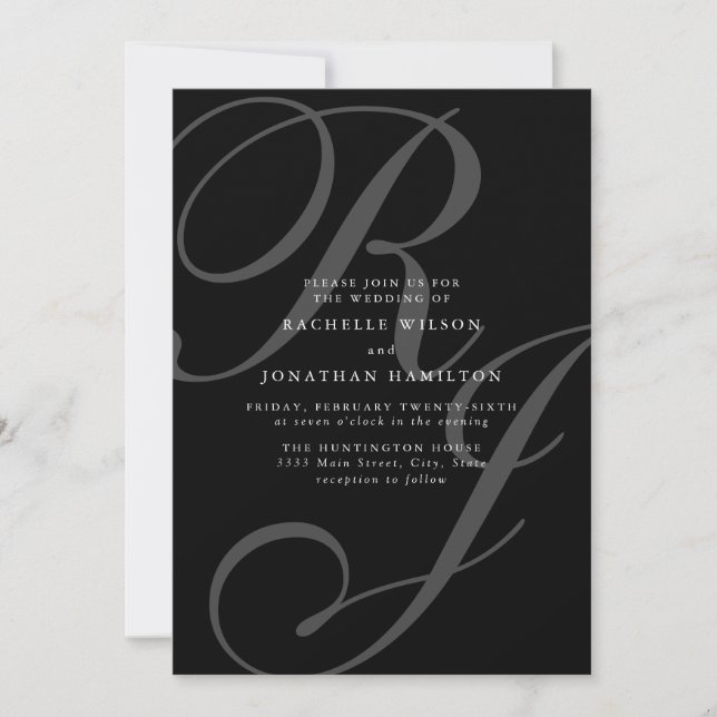 Invitation Mariage romantique de Monogramme noir et blanc (Devant)