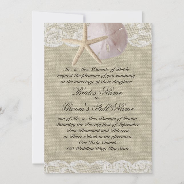 Invitation Mariage romantique dentelle et mer Shell Beach (Devant)