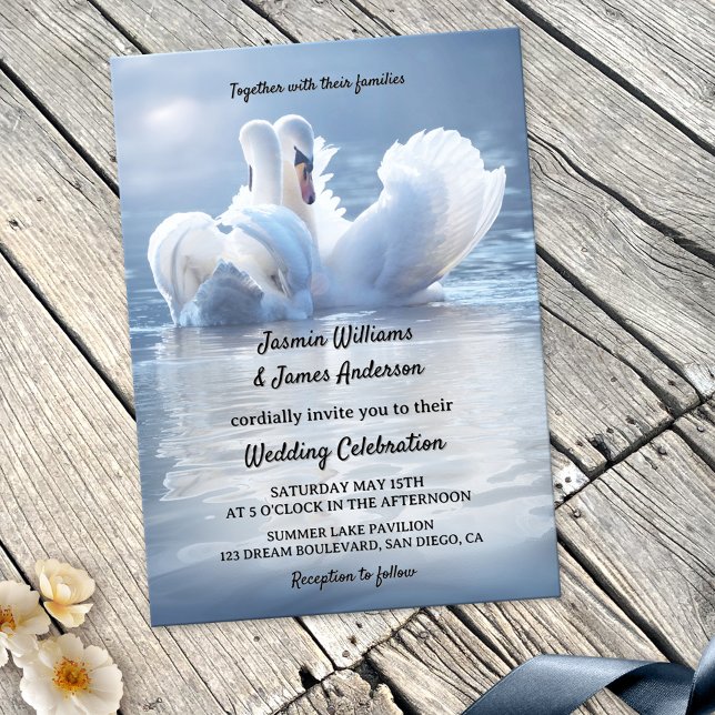 Invitation Mariage romantique du lac Swan (Romantic wedding invitation featuring two swans in love on a sunlit lake or pond)