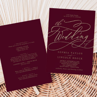 Invitation Mariage romantique en calligraphie burgonde tout-e
