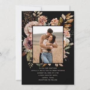 Invitation Mariage Romantique et Sombre Noir Photo Florale