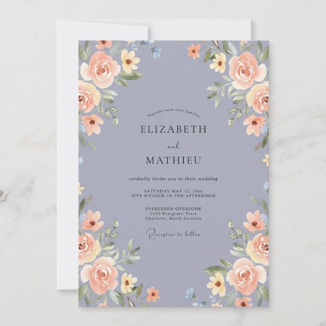 Invitation Mariage Romantique Fleur Bleu Ardoise (Devant)