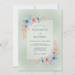 Invitation Mariage Romantique Fleur Coral Bleu Ciel