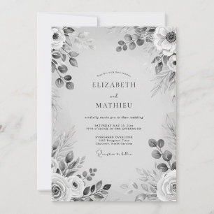 Invitation Mariage Romantique Fleuriste Monochrome Gris
