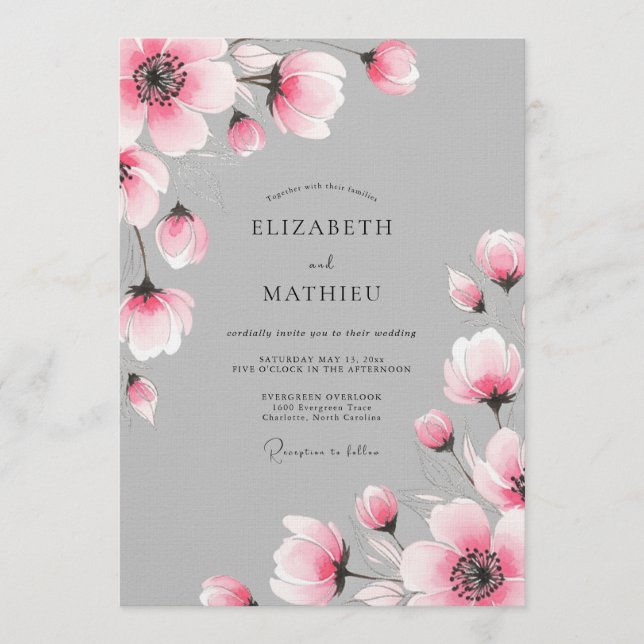 Invitation Mariage Romantique Floral à l'aquarelle Rose (Devant)