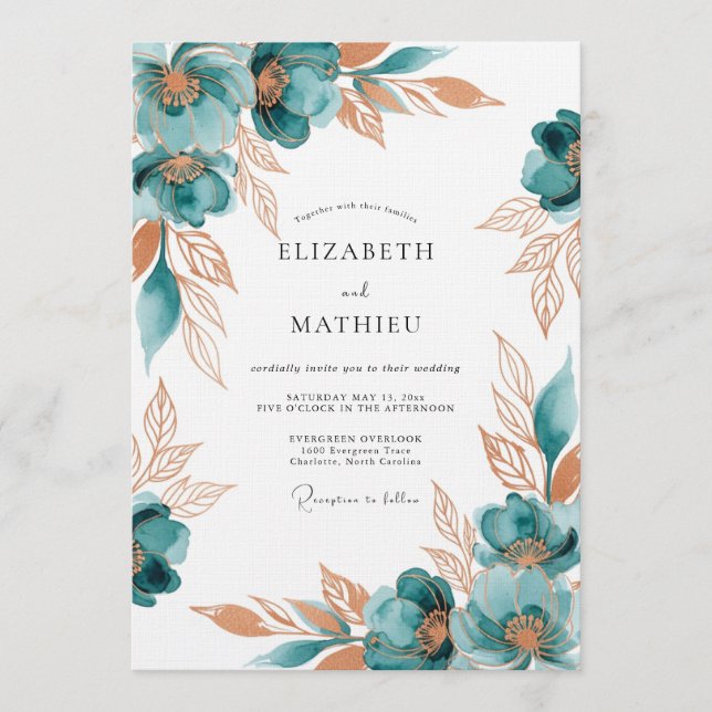 Invitation Mariage Romantique Floral aux Tons Sarcelle (Devant)
