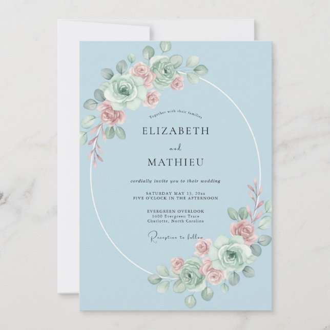 Invitation Mariage Romantique Floral Bleu Ciel (Devant)