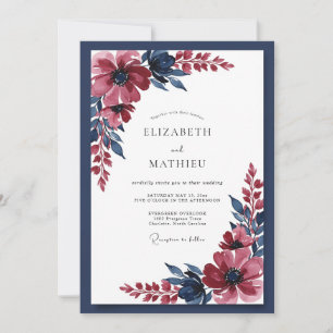 Invitation Mariage romantique floral bleu de Bourgogne