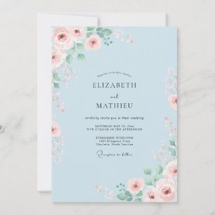 Invitation Mariage Romantique Floral Bleu Poudre