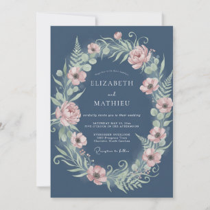 Invitation Mariage Romantique Floral Bleu Poussiéreux Laurier