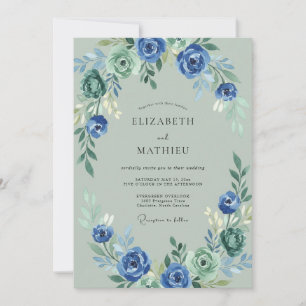 Invitation Mariage Romantique Floral Bleu Vert