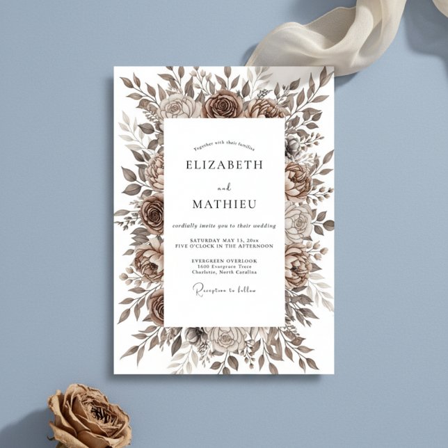 Invitation Mariage Romantique Floral Brun Coup de Pinceau (Créateur téléchargé)