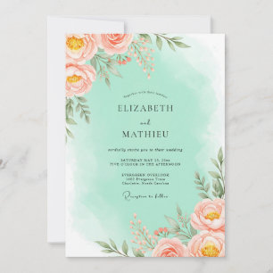 Invitation Mariage Romantique Floral Rouge Corail
