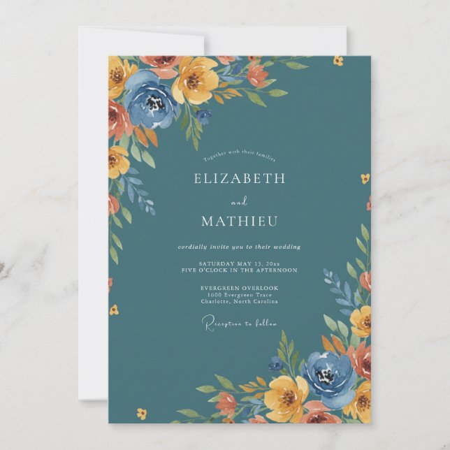 Invitation Mariage Romantique Floral Rustique Sarcelle (Devant)