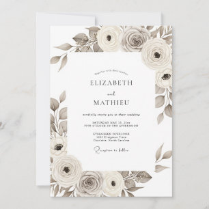 Invitation Mariage Romantique Floral Sépia à l'Aspect Peint