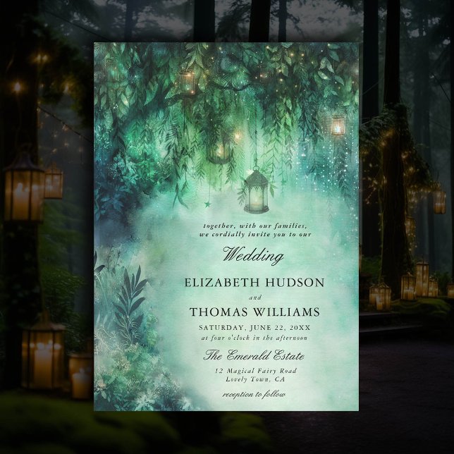 Invitation Mariage romantique foncé Forêt enchantée Thème Fée (dark romantic wedding invitation enchanted forest theme fairytale romantic fairy lights emerald boho)