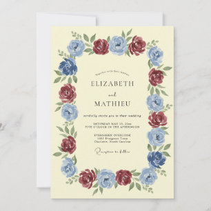 Invitation Mariage Romantique Luxueux Bleu Bourgogne