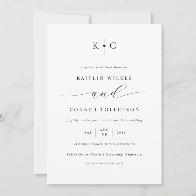 Invitation Mariage Romantique Monogramme Cœur Simple Minimali (Devant)
