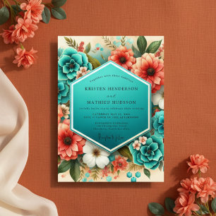 Invitation Mariage Romantique Opulent à Fleurs de Teinte Cyan