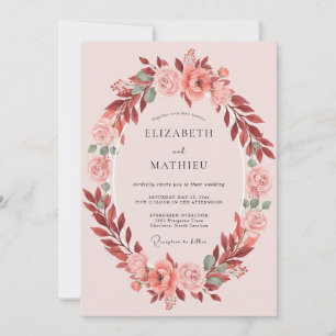 Invitation Mariage Romantique Ovale Botanique de Corail