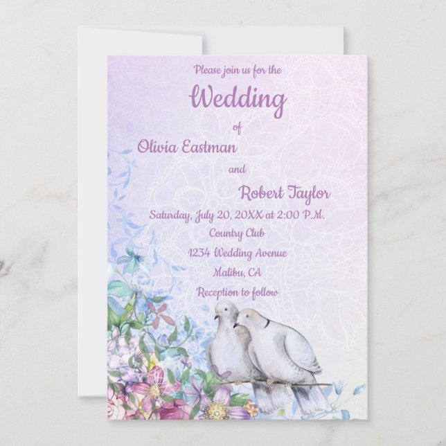 Invitation Mariage romantique personnalisé colombes blanches (Devant)