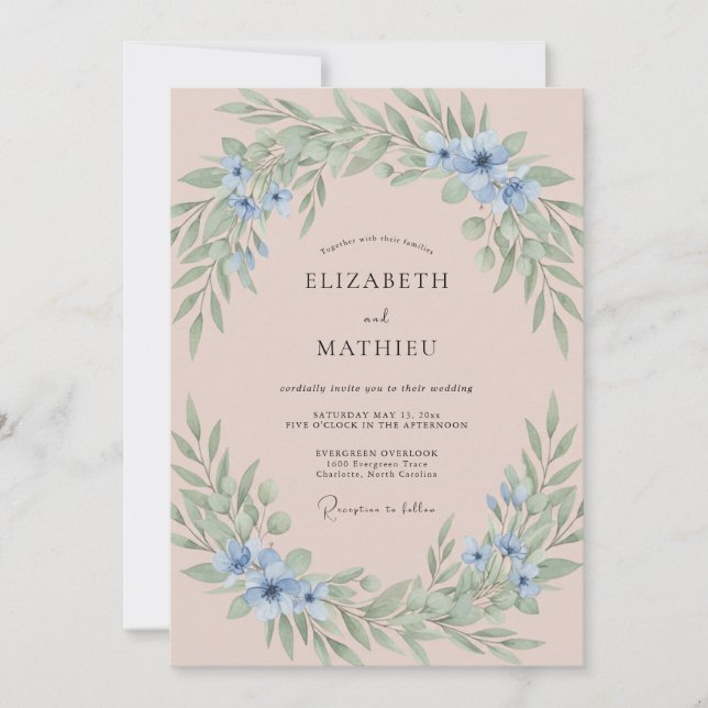 Invitation Mariage Romantique Pétales Bleus Rosés (Devant)