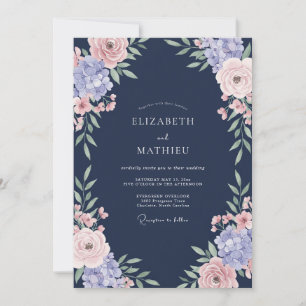 Invitation Mariage Romantique Rose Bleu Marine