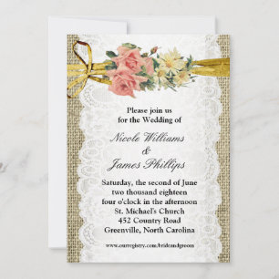 Invitation Mariage Romantique Rustique Toile de Jute & Dentel