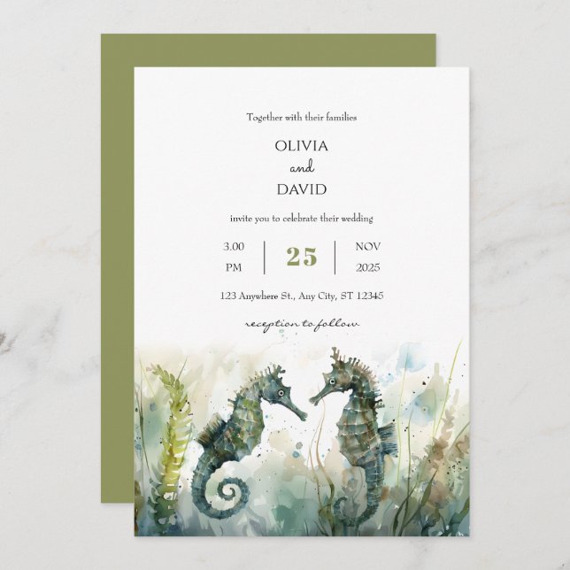Invitation Mariage romantique sous-marin Seahorse Couple Beac (Devant / Derrière)