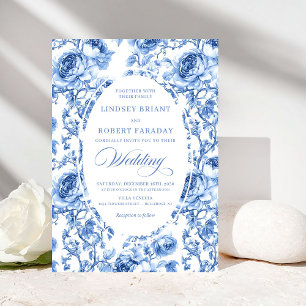 Invitation Mariage Romantique Toile de Jouy Roses Navy Vintag