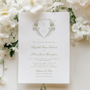Invitation Mariage romantique vert blanc floral monogramme bl