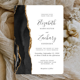 Invitation Mariage Rond en Agate Noire et Or Moderne