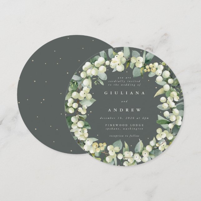 Invitation Mariage rond vert Snowberry+Eucalyptus Wreath (Devant / Derrière)