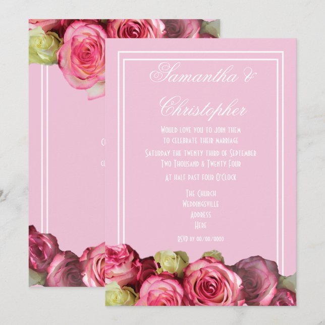 Invitation mariage rose à fleurs de bordure rose (Devant / Derrière)