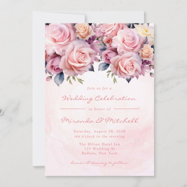 Invitation Mariage Rose aquarelle (Devant)