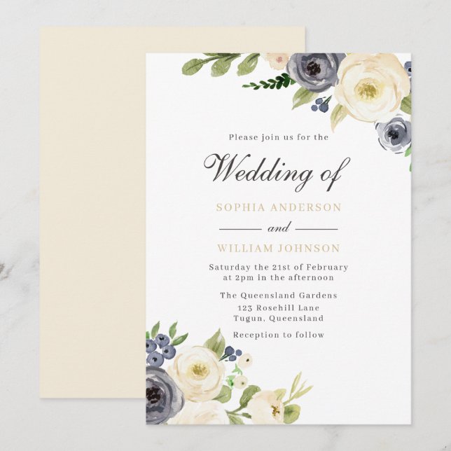 Invitation Mariage Rose blanc et marine (Devant / Derrière)