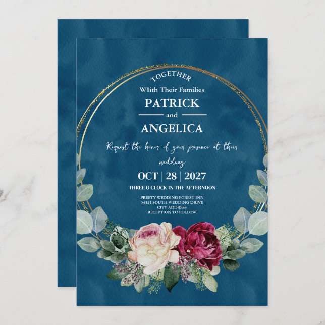Invitation Mariage rose bleu bleu de la marine moderne (Devant / Derrière)
